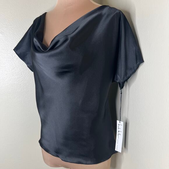 Nicole Miller Blouse XS Black Satin Drape Cowl Neck Elegant Going Out Chic NEW - Picture 4 of 8